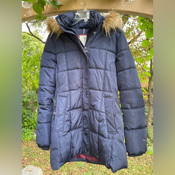 Tommy Hilfiger Navy Blue Faux Fur Hood Puffer Winter Jacket Coat XS Extra Small - Picture 2 of 11